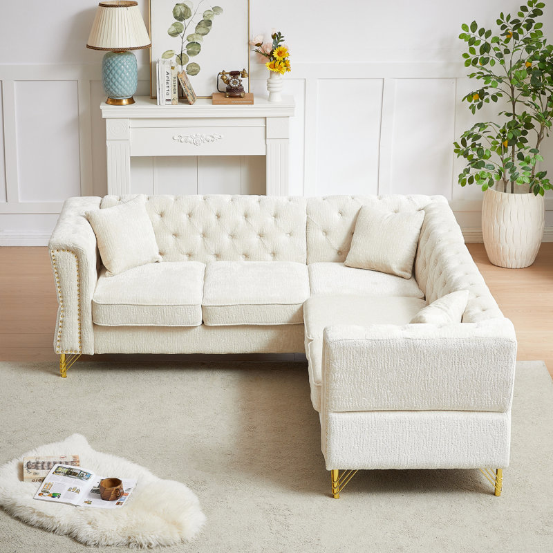 Modern Sofa 81.5 Inch Chenille Corner Sofa L Shaped Sectional Couch 5 Seater Corner Sofas With 3 Cushions Beige